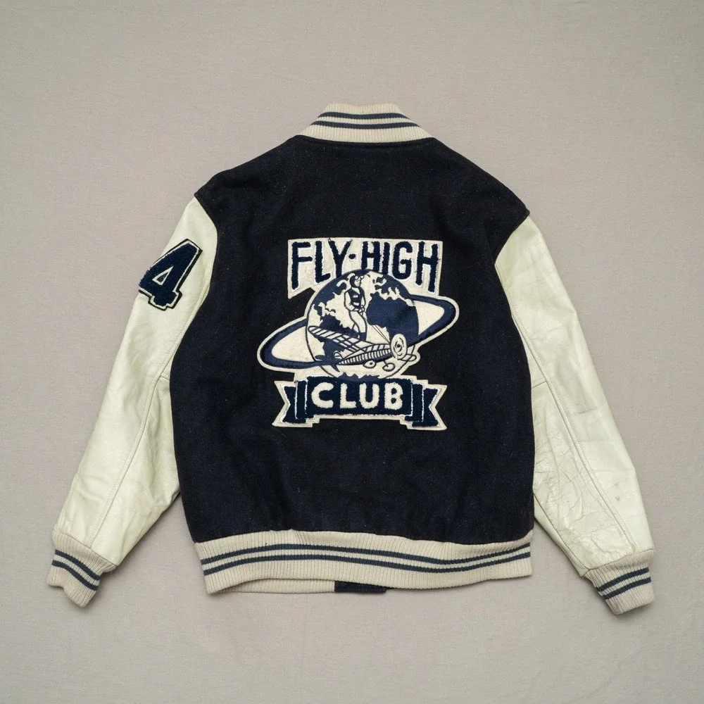 Vtg 80s 90s SBII by Bitterman‎ Fly High Club Varsity Jacket Leather Wool Size S